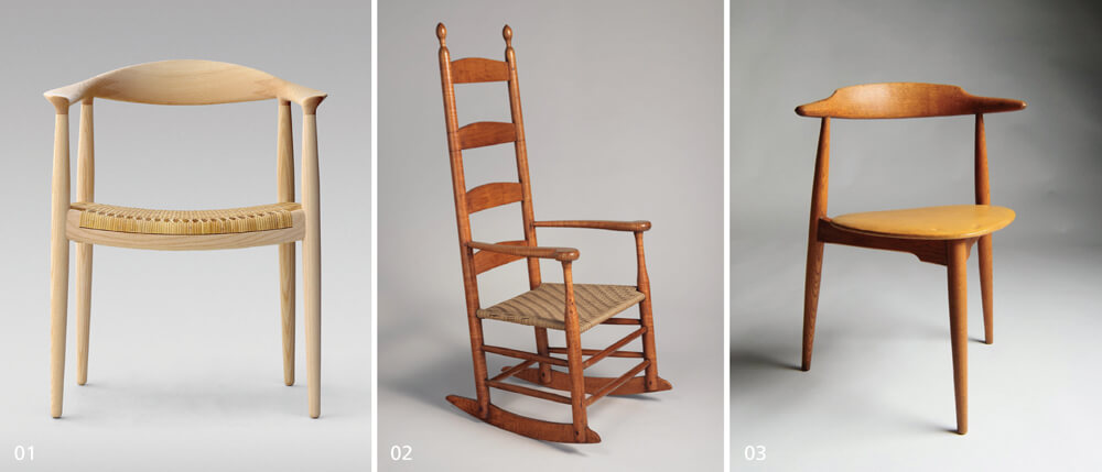 01_The Chair，1949年發(fā)表以來已經(jīng)成為韋格納著名的代表作。02_Shaker Rocking Chair CH45，美國總統(tǒng)甘迺迪（John F. Kennedy）因為曾參與戰(zhàn)爭，背部受到砲擊破片受傷，因此特別喜愛這張舒適的搖椅。03_The Heart Chair心形椅，現(xiàn)代較為少見的三腳支撐座椅，似乎與丹麥古老民宅內(nèi)有泥土地的房間有關(guān)，在凹凸不平處較為穩(wěn)固