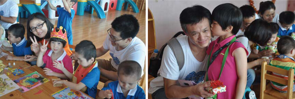 左圖：震旦集團同仁與福利院小朋友一起畫畫。 右圖：震旦集團同仁與福利院小朋友關(guān)系融洽、難舍難分。