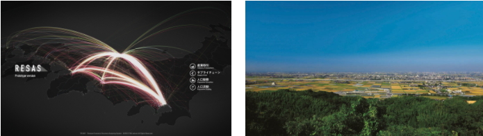 左圖:RESAS Prototype可將現(xiàn)有大數(shù)據(jù)信息視覺化。右圖:日本福岡縣三山市。